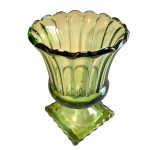 Vintage Indiana Glass Green 6” Scalloped Edge Pedestal Square Base Vase